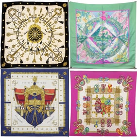 Collection of 4 Hermès Silk Carre: Les Clés, Giverny, La Reale Vue du Carrosse de la Galère, and
