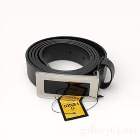 Fendi Logo Buckle Black Leather Belt with Tags