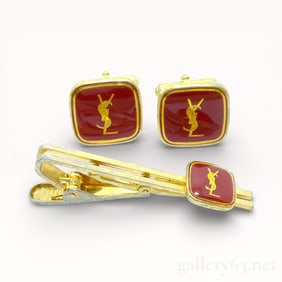 Yves Saint Laurent Enamel & Gilt Cufflinks and Tie Pin Set