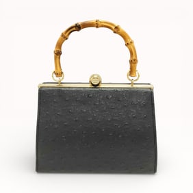 Vintage Black Ostrich Leather Bamboo Handle Handbag