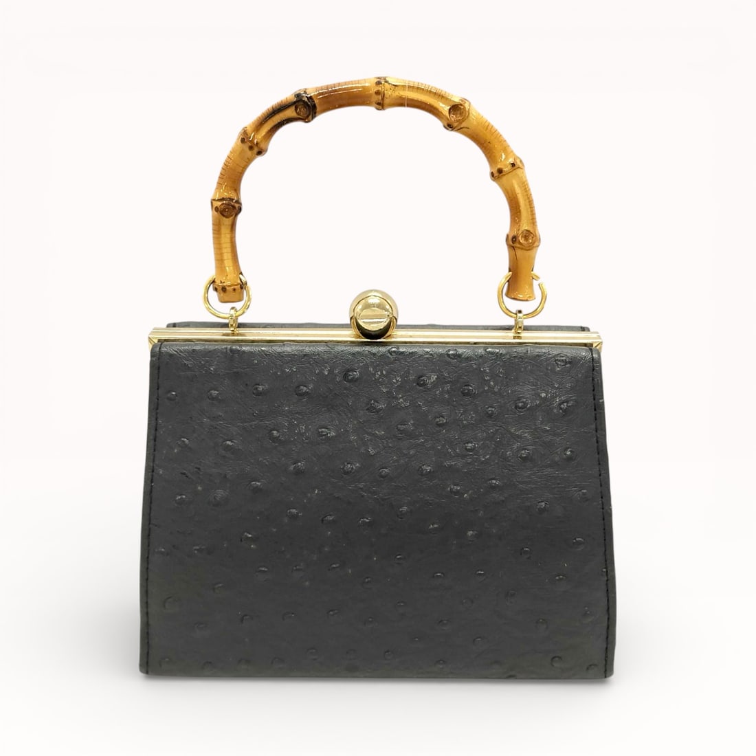 Vintage Black Ostrich Leather Bamboo Handle Handbag: Authentic Vintage black Ostrich leather Bamboo Handle Handbag