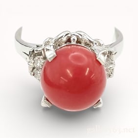Important Antique Platinum Coral and Diamond Ring sz 6