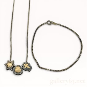 925 Sterling Silver and 10k Yellow Gold Charm Necklace and Bracelet