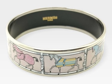 Hermès Couvetures et Tenues du Jour Enamel Palladium Finished Bangle Cuff w/ box