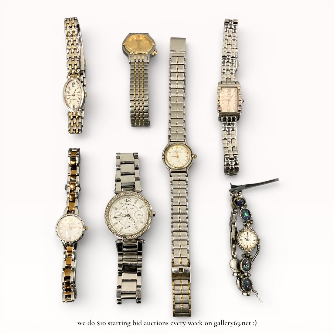 Michael Kors, Technos, Script and other Ladies Wristwatch Collection: Ladies wristwatch group having multiple watches. by Michael Kors Technos and other makers. Assortment including round and rectangular cases in silver-tone and gold-tone finishes. Metal link bracelets