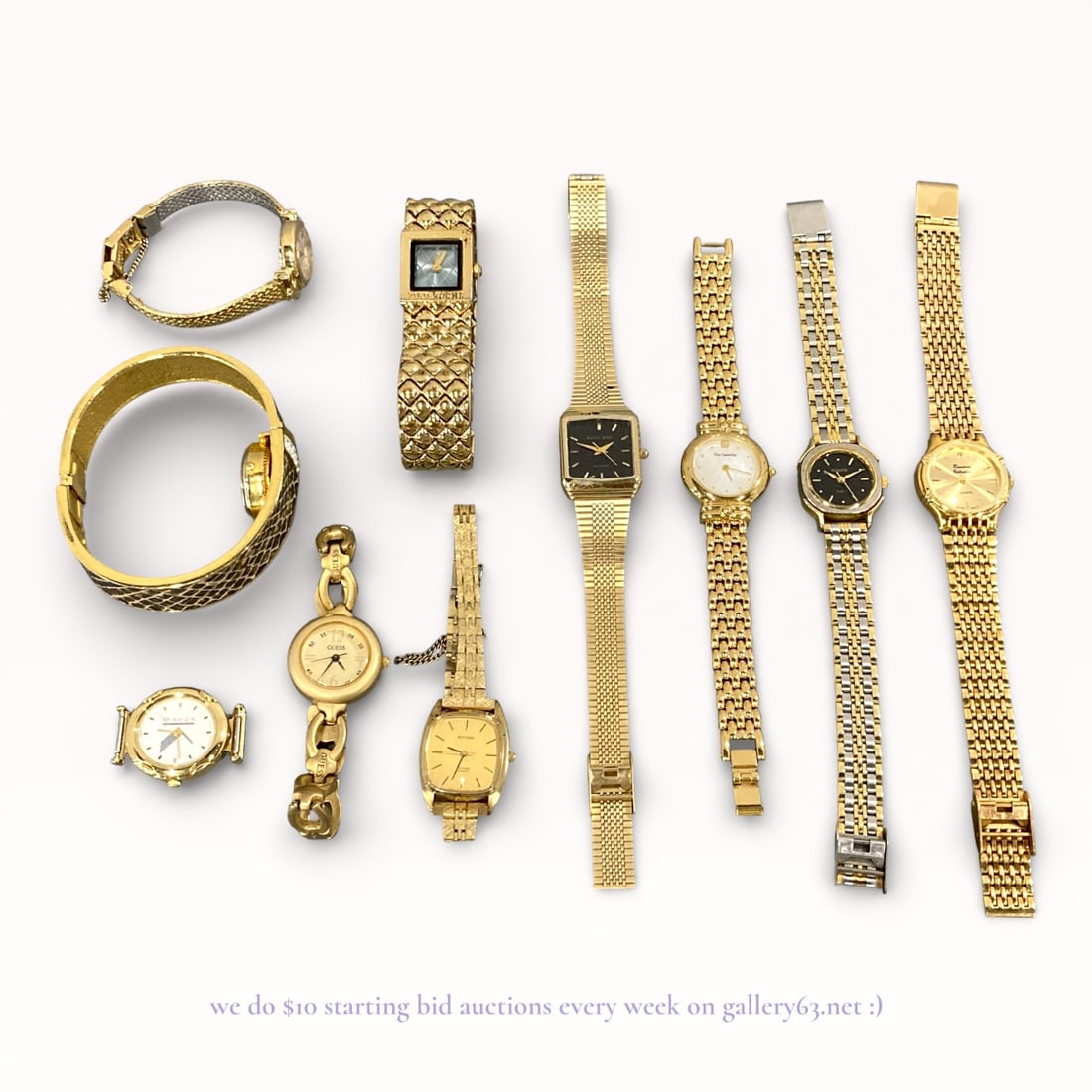 Collection of Gold-Tone Vintage Ladies Wristwatches by Citizen and other brands: Women’s wristwatch group having multiple watches by Citizen and other makers. Assortment featuring gold-tone metal cases and link bracelets in varied widths. Case shapes including round and rectangu