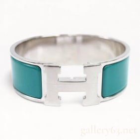 Like New Hermes Wide Clic H Bracelet Palladium and Green Enamel