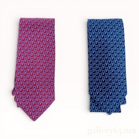 Hermès All-Over Clover Silk Tie Set of Two Red & Blue