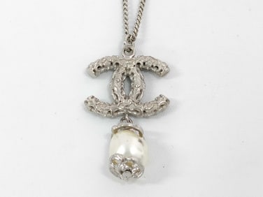 Chanel B14A CC Logo Pearl Drop Pendant Necklace 24"/60cm