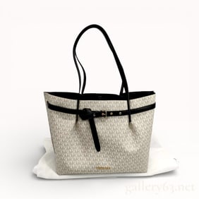 Michael Kors Emilia large tote bag in the vanilla signature canvas with black trim