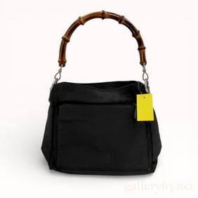 Gucci Bamboo One-Handle Shoulder Bag in Black Nylon and Leather