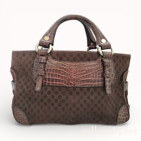 Celine Boogie Bag in Brown Suede and Embossed Croc Leather