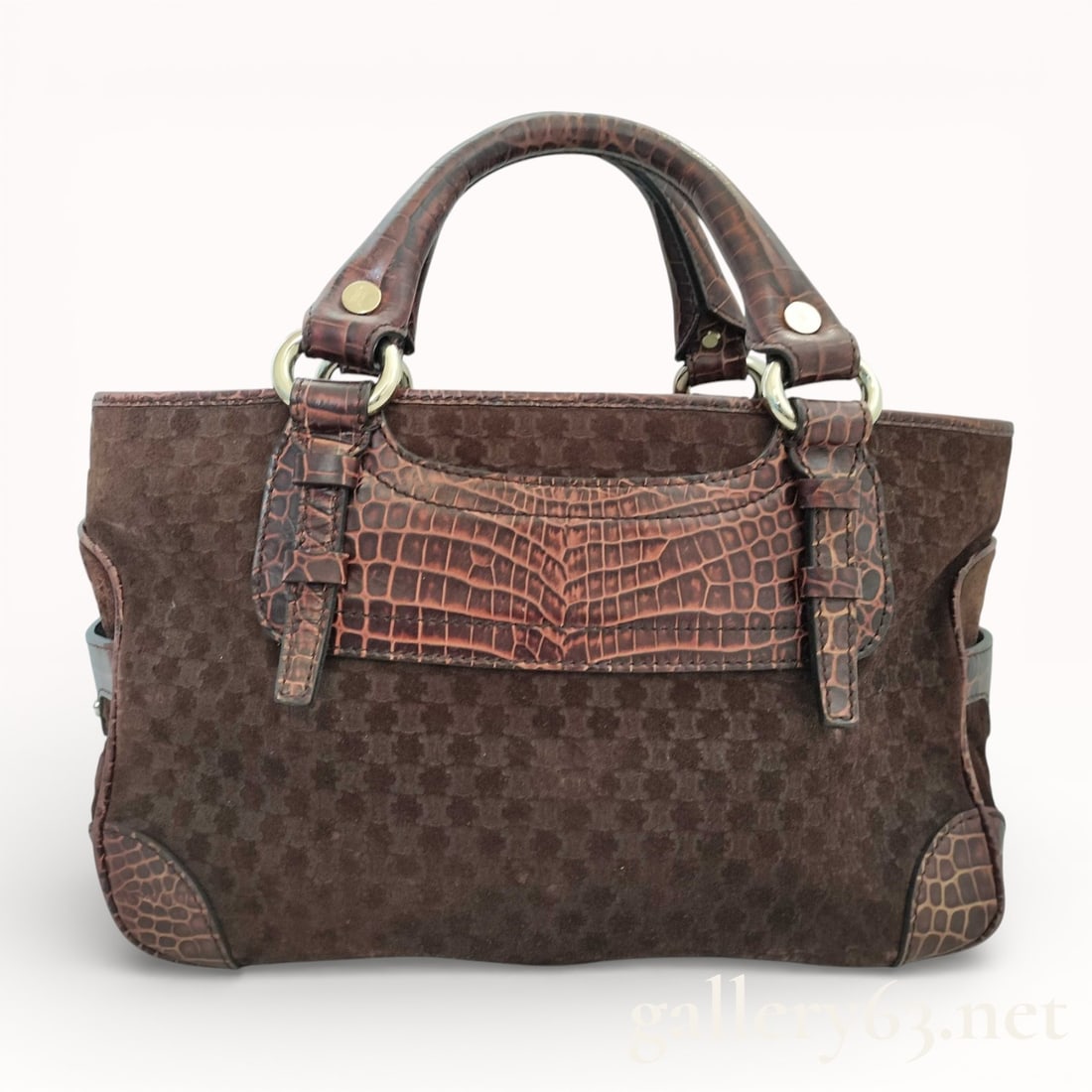 Celine Boogie Bag in Brown Suede and Embossed Croc Leather: Authentic brown Celine Boogie Bag in suede leather monogram canvas with crocodile-embossed leather trim.