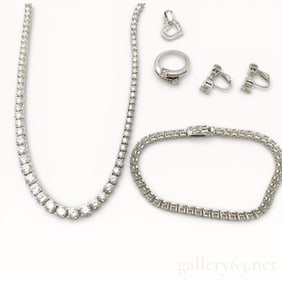 Sterling Silver Transparent Stone Tennis Necklace, Bracelet, Ring, Earrings and Charm Pendant