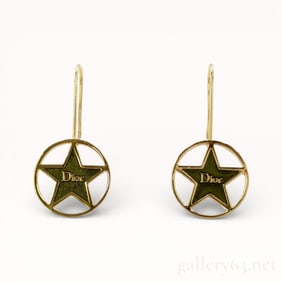 Vintage John Galliano for Dior Gilt Star Drop Earrings with Army Green Enamel