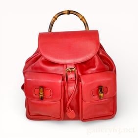 Gucci Bamboo Red Leather Backpack Rucksack with Bamboo Handle