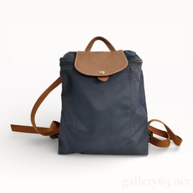 Longchamp Navy Nylon Backpack with Beige Leather Trim & Gold Hardware
