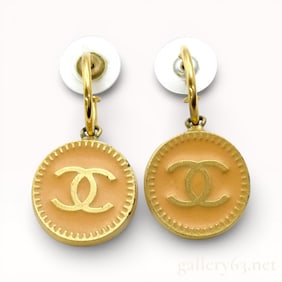Chanel 2001 Spring Vintage Gold-Tone Peach Enamel CC J-Hoop Earrings