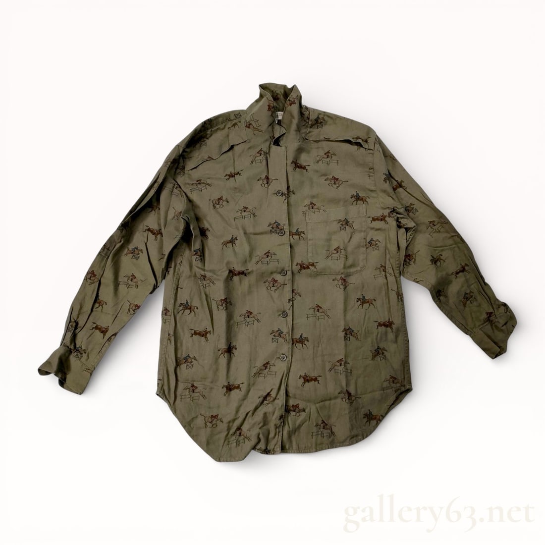 Christian Dior Equestrian Printed Button-Front Shirt size M: Christian Dior Sports long-sleeve shirt featuring an olive green ground with an allover repeating equestrian motif. Lightweight woven fabric having a pointed collar, button-front closure, and long sle