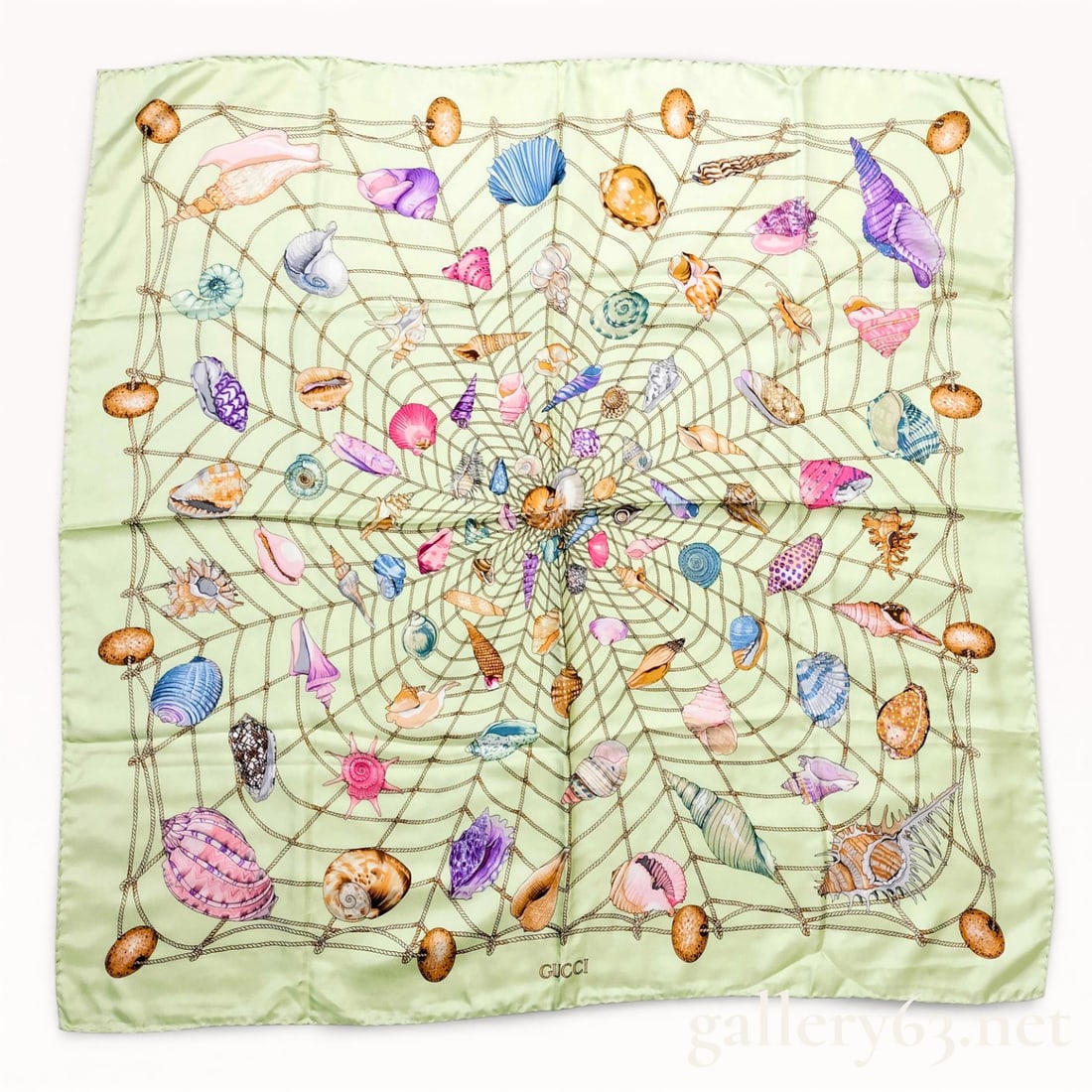 Vintage Gucci Seashells and Fishing Print Silk Scarf 90cm: Authentic vintage Gucci silk scarf with the "Conchiglie Marine" (seashell and fishing net) print.