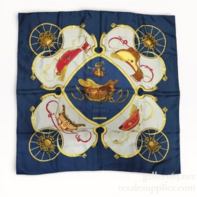 Hermès "Springs" 90cm silk twill scarf in a navy colorway