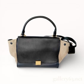Celine Trapeze Handbag in Black Leather & Taupe Suede
