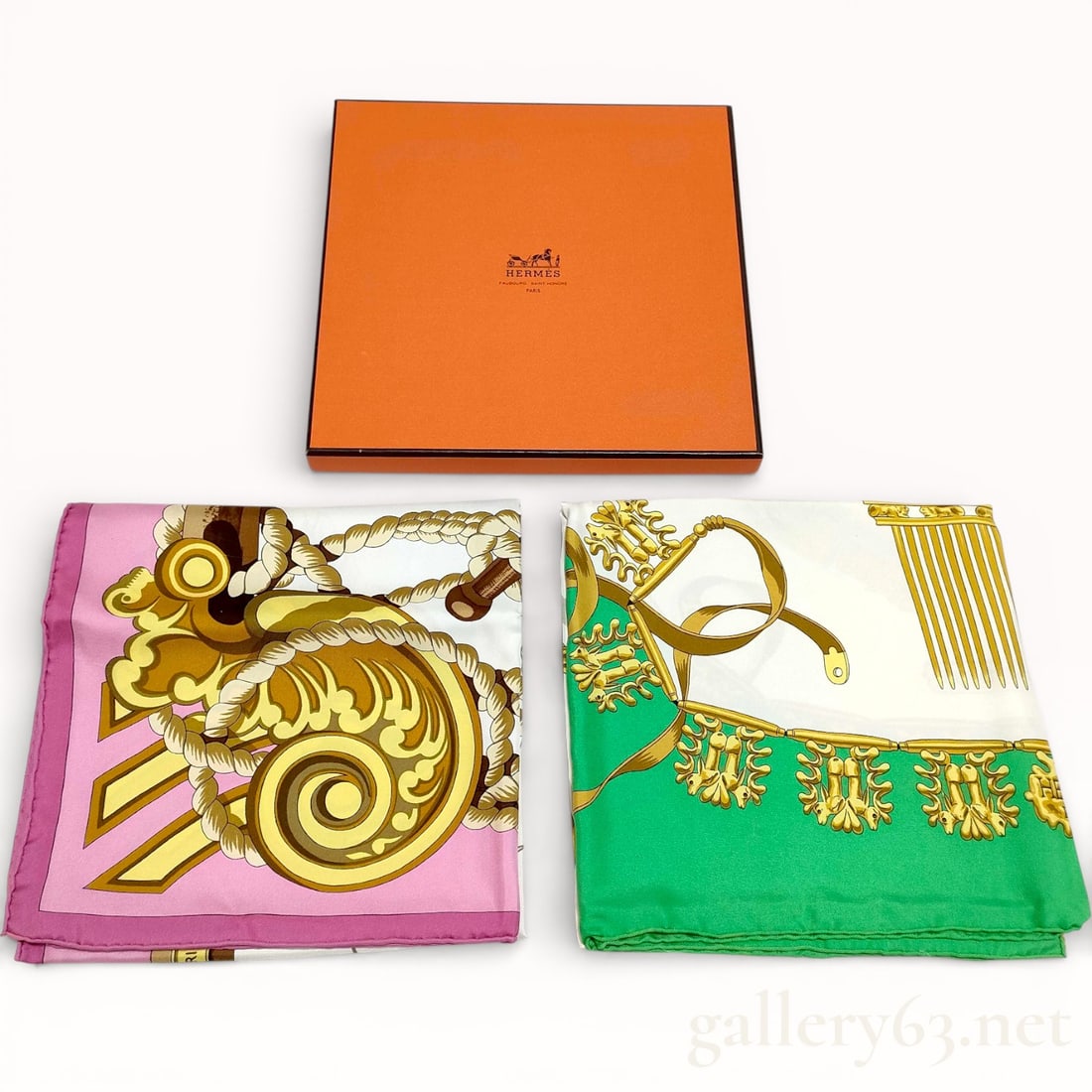 Hermès Tribord silk scarf in pink and Hermès "Les Cavaliers d'Or" silk scarf: Hermès silk scarf set comprising two carré scarves, each rendered in contrasting colorways. This one Tribord carre is rare and expensive! 700+ resale online. Smooth woven silk fabric having rolled a