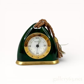 Vintage Gucci Green Stone and Brass Stirrup-Form Desk Clock