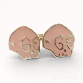 Gucci Sterling Silver Icon Ghost Double Skull Ring in Pink Enamel size 5.5
