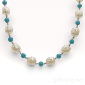 6.5-7.4mm Freshwater Pearl and Turquoise Necklace