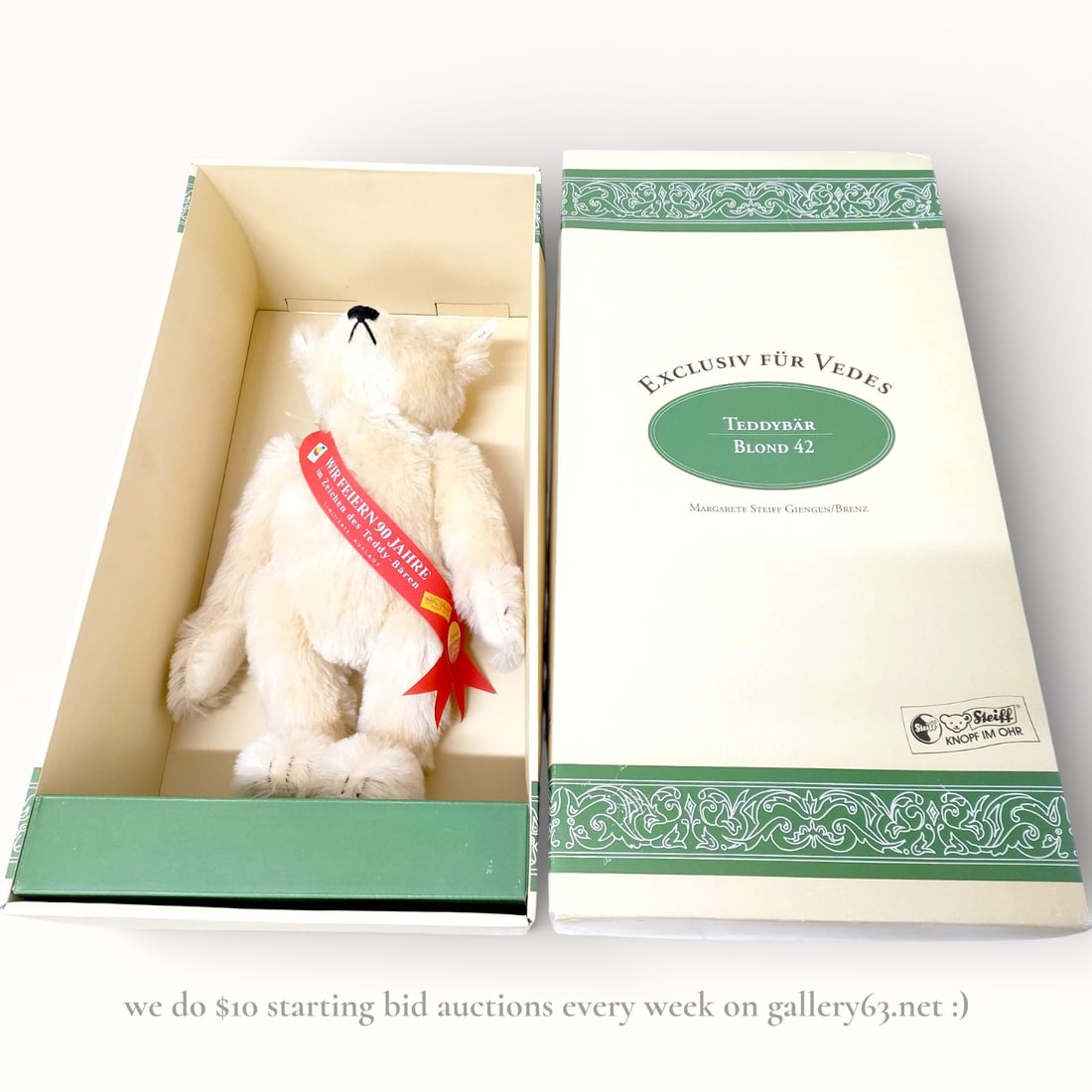 Steiff 90th Anniversary Blond 42 Teddy Bear with Box: Authentic Steiff Blond 42 teddy bear issued in celebration of the 90th anniversary. Light blond plush bear featuring jointed arms and legs, stitched nose, and black button eyes. Red anniversary sash a