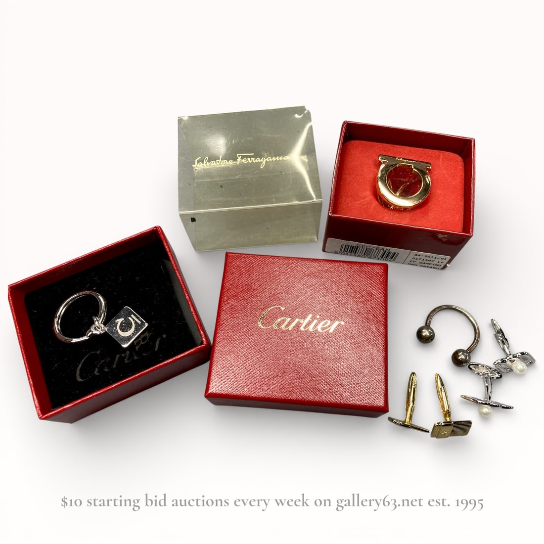 Dior, Cartier, Ferragamo, Tiffany Sterling Horseshoe Keyring etc. Tie Pin and Cufflink Set (1 of 9)