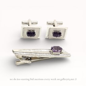Silver Cufflink and Tie Clip Set with Amethyst