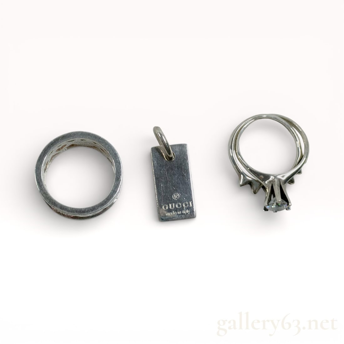 Group of 3 Coach and Gucci 925 Silver Rings and Pendant: Authentic Group of 3 Coach and Gucci 925 Silver Rings and Pendant