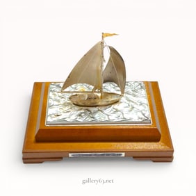 Sterling Silver Sailboat Figurine on Wood Base