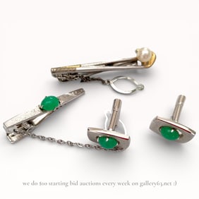 Sterling Silver Tie Pin and Cufflink Set with Green Stones