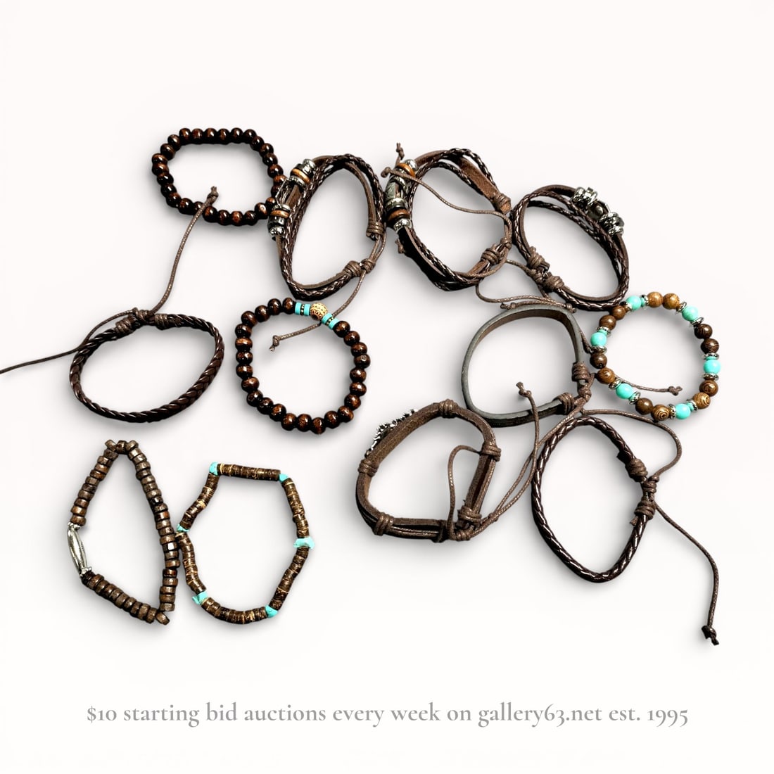 Mixed Bracelet Set with Beaded and Corded Designs: Authentic Assorted bracelet set comprising multiple pieces having beaded, corded, and leather-style constructions. Selection featuring round bead bracelets set with wood-tone beads and turquoise-color