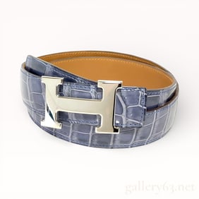 Hermès Constance Blue Crocodile Leather Belt with H Buckle size 80