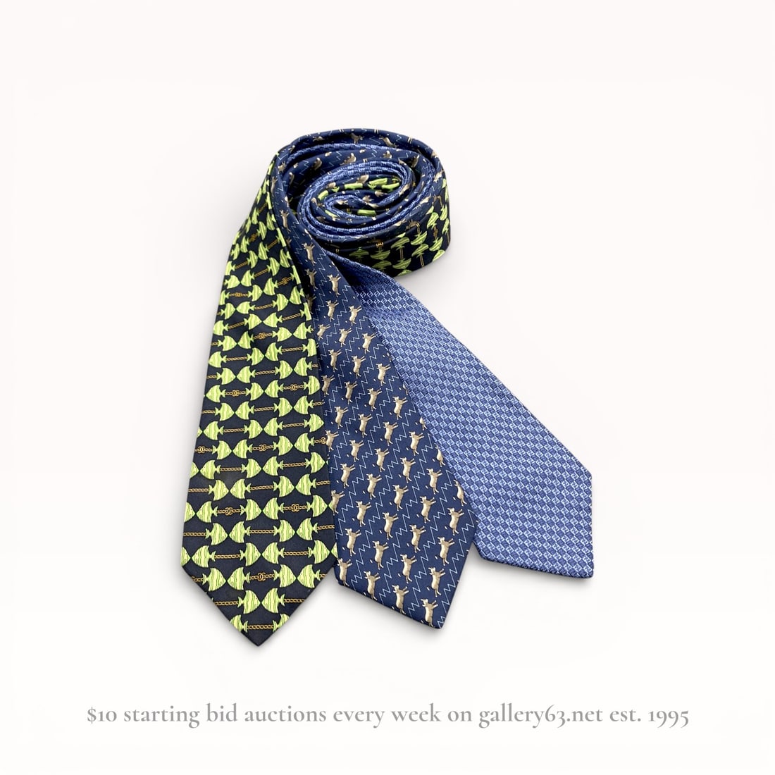 Hermès, Fendi, and Chanel Tie Set, Three Pieces: Authentic Three-piece designer tie set comprising silk ties by Hermès, Fendi, and Chanel. Group including ties featuring geometric and repeating motif patterns in blue and green tones, alongside a te