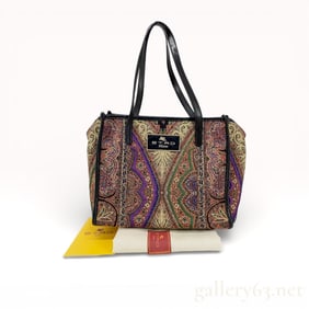 Etro Paisley Jacquard Tote Bag with Black Leather Trim
