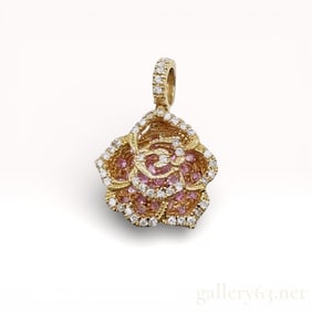 Pink Sapphire and Diamond 18k Gold Sculptural Flower Pendant