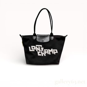 Longchamp Le Pliage LGP Stamp Horse Logo Black and White Tote Bag