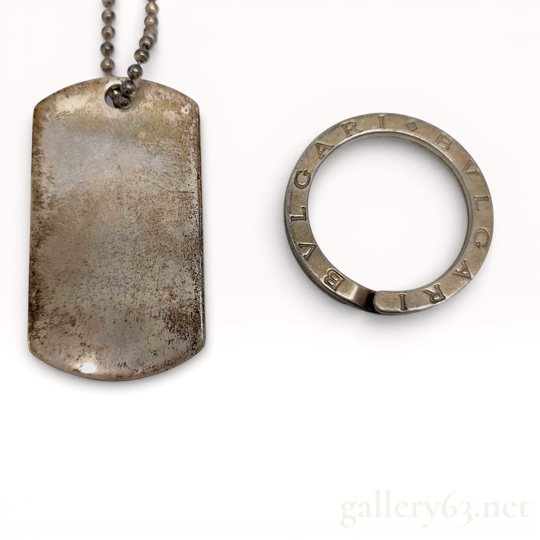 Sterling Silver Gucci Dog Tag Ball Chain Necklace and Sterling Bvlgari Keyring: Authentic Sterling Silver Gucci Dog Tag Ball Chain Necklace and Sterling Bvlgari Keyring. These just need a polish.
