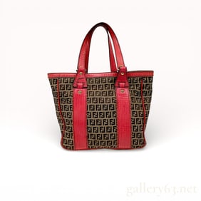 Fendi Zucca Canvas Tote Bag with Red Leather Trim