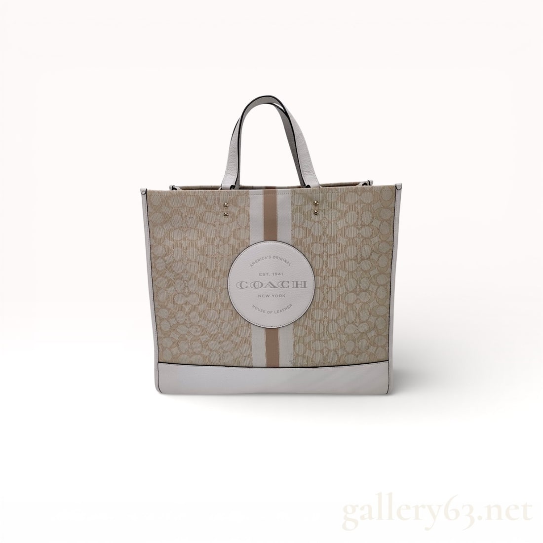Coach Signature C8418 Tote Bag: Coach signature canvas tote featuring a beige tonal monogram body with smooth leather trim. Structured rectangular form having flat leather shoulder straps attached with metal rivets. Front detailed w