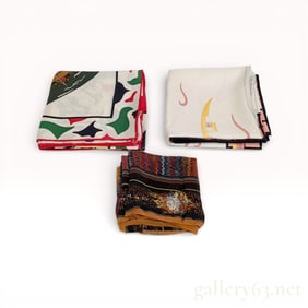 Group of Three Designer Silk Scarves, Including Bulgari and Christian Dior