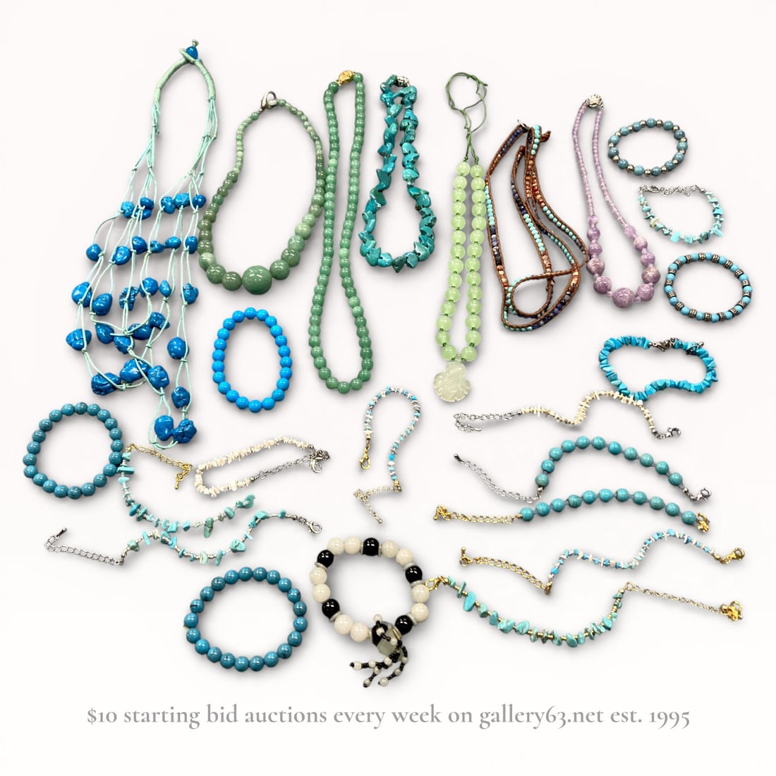 Collection of Jade, Lapis, Quartz and Turquoise Necklaces Accessory Group Summary: Assorted jade and turquoise accessory group consisting of multiple necklaces, bracelets, and bead strands. Selection featuring round and irregular beads in shades of turquoise blue, green jade, and mi