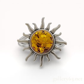 Amber and Sterling Silver Sunburst Ring, size 7