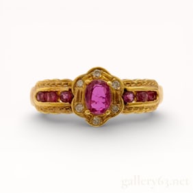 Vintage 18k Yellow Gold Ruby and Diamond Ring, Size 6