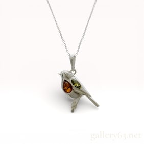 Amber and Sterling Silver Bird Pendant Necklace with GIA